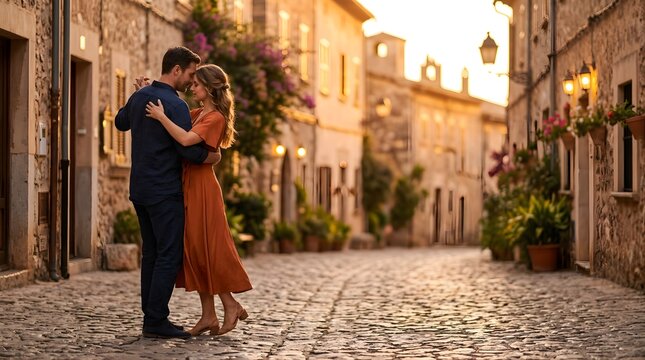Loving couple dancing on a cobblestone street at sunset in an old town