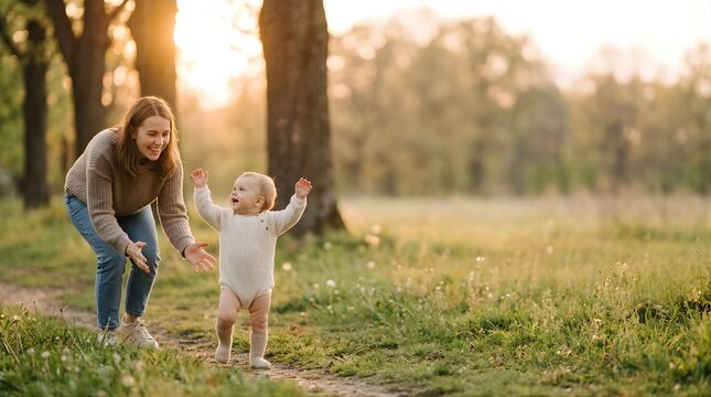 Mother cheering for her baby taking first steps in a park at sunset
