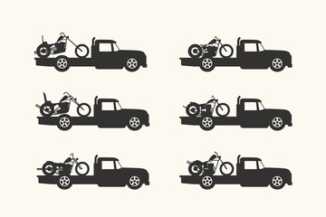 Set of vintage pickup truck tow custom chopper motorcycle vector illustration. Retro classic towing truck logo icons collections © Royan
