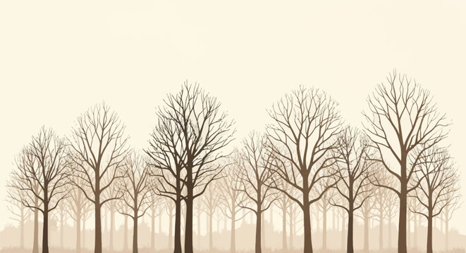 Minimalist vector illustration of bare deciduous trees in a winter forest, featuring brown leafless branches against a beige background, suitable for seasonal nature backgrounds.