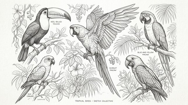 Detailed Sketch Collection of Tropical Birds: Toucan, Macaws, and Sun Conure with Jungle Foliage