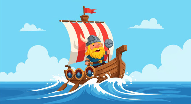 Playful cartoon viking character with a yellow beard and horned helmet sailing a wooden longship boat on ocean waves with a red and white striped sail against a cloudy blue sky.