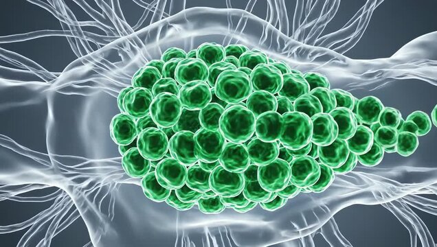 Cancer cells multiplying rapidly in synchronized patterns inside transparent tissue structures, glowing abnormal cells expanding aggressively through soft biological fluid