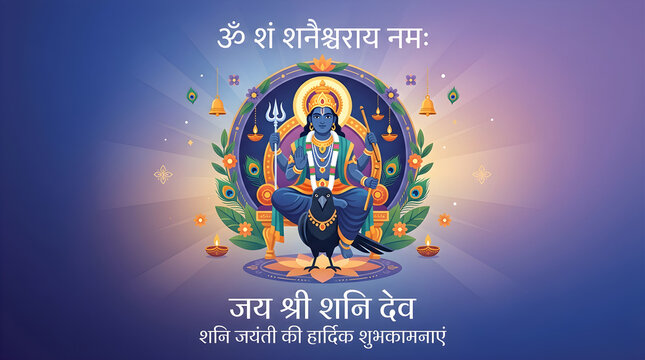 Shani Jayanti Festival Vector Illustration with Lord Shani Dev Sitting on Throne with Black Crow Vahana and Hindi Calligraphy