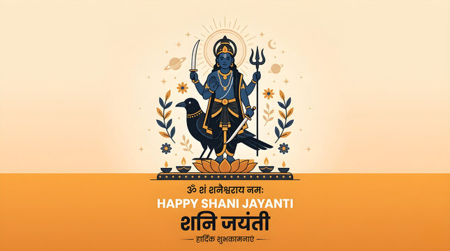 Shani Jayanti Vector Graphic with Lord Shani Dev Holding Mace and Trident Sitting on Black Crow with Saturn Planet Background