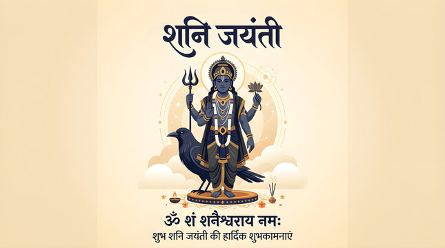 Shani Jayanti Vector Graphic with Lord Shani Dev Holding Mace and Trident Sitting on Black Crow with Saturn Planet Background