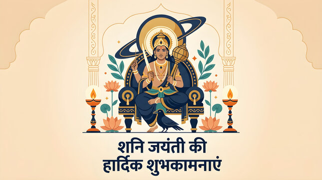 Shani Jayanti Vector Graphic with Lord Shani Dev Holding Mace and Trident Sitting on Black Crow with Saturn Planet Background