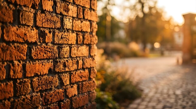 Aged brick wall corner illuminated by sunset light in an urban park