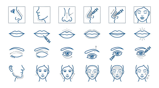 Minimalist Medical Aesthetic Facial Features Icon Set in Continuous Line Drawing Style on White Background. Generated AI illustration