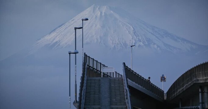 View of stair case and bridge with majestic Mt. fuji behind it