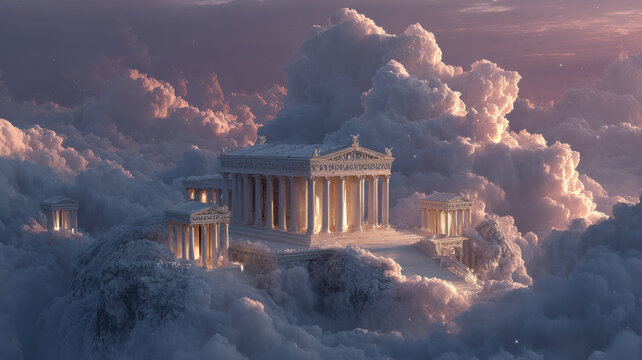 Fantasy, mysterious, wallpaper. A vivid portrayal of a grand, ancient temple, set amidst a vast expanse of fluffy white clouds. The temple is intricately designed with columns, pediment.
