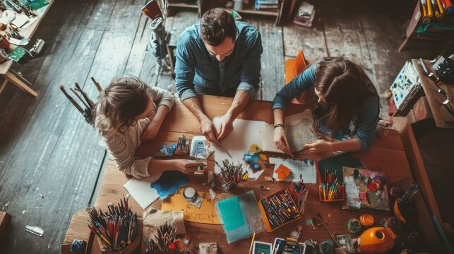 A family working on a DIY project or craft, surrounded by art supplies and creativity.