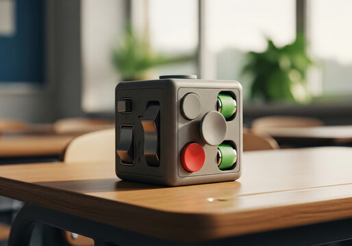 Gray fidget sensory toy on a school desk in a sunny classroom
