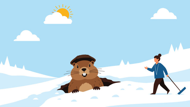 Playful winter scene features a groundhog emerging from its burrow in the snow while a person walks by with a broom.