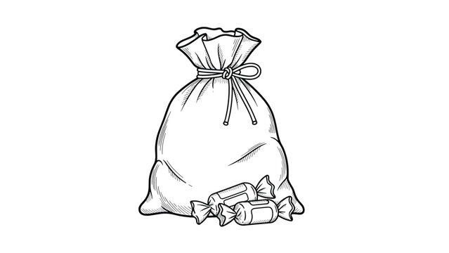 Hand-drawn sketch illustrates a simple sack tied at the top with a string and two wrapped candies placed at the base.