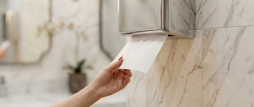 Female hands tearing white paper towel from wall dispenser after washing