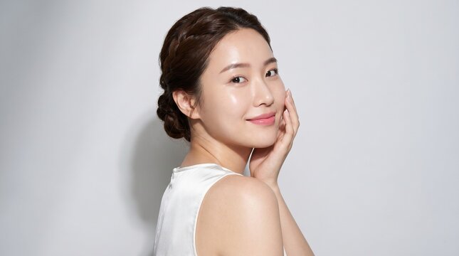 Smiling Young Asian Woman with Flawless Radiant Skin, Showcasing Natural Beauty and Skincare Results