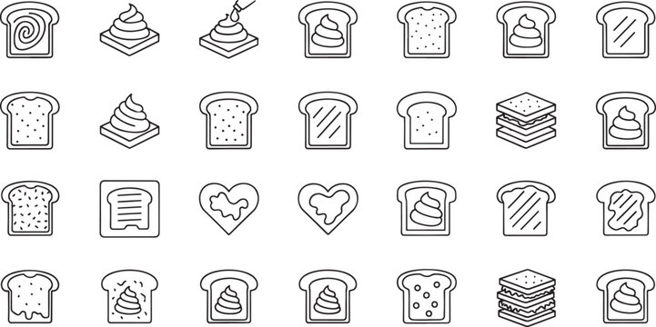 Black and white line icons of various bread slices and toast with butter and spreads on white background for food and bakery concepts