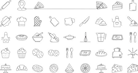 Fototapeta premium Collection of various food and kitchen related line icons and symbols including baking tools and desserts