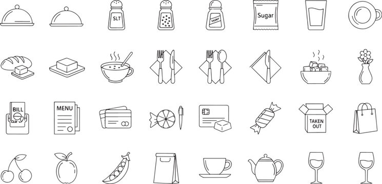 Line drawing restaurant food and drink service icons including dishes utensils and payment methods  isolated on white background