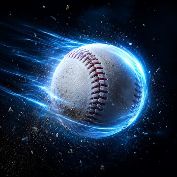 Baseball with energy trails and sparks dynamic sports photography, blue light, with a dark background