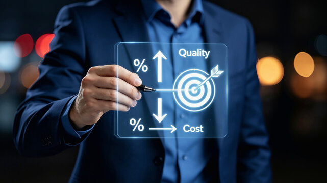 Business Person Drawing Growth Strategy Interface with Target Icon, Quality and Cost Management Concept