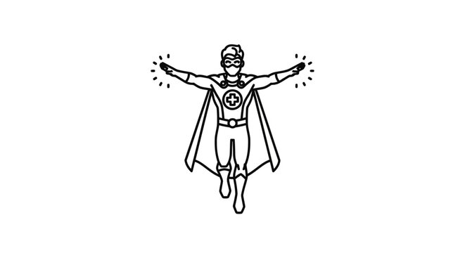 Superhero doctor flying with open arms and glowing hands