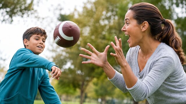 Mother and son playing catch with a football in a sunny park, enhancing family sports activities. concept of bonding, outdoor fitness, active lifestyle, playful family moments