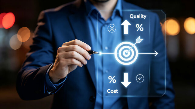 Business growth and efficiency strategy concept with businessman pointing at virtual digital screen showing target icon with quality increasing and cost decreasing arrows.