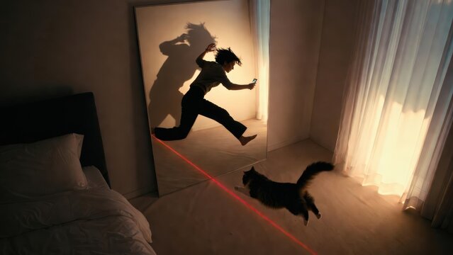 A playful cat owner with a smartphone leaps across a large mirror in a bedroom while a fluffy cat chases a red laser pointer on the floor, capturing a dynamic and high energy indoor moment.