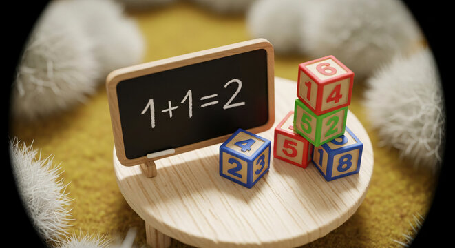 Miniature chalkboard with math equation and colorful number blocks