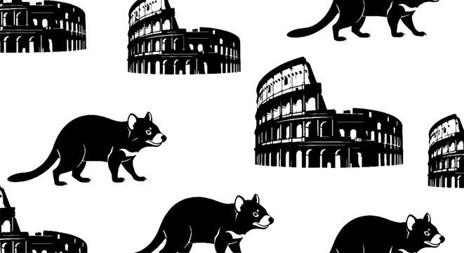 Playful Black Cats Surrounding Roman Colosseum Illustrations.