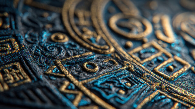 Maya Aztec civilization, Mexico culture. Mysterious, fantasy. A closeup of intricately designed, textured metal or leather with a rich, metallic sheen.