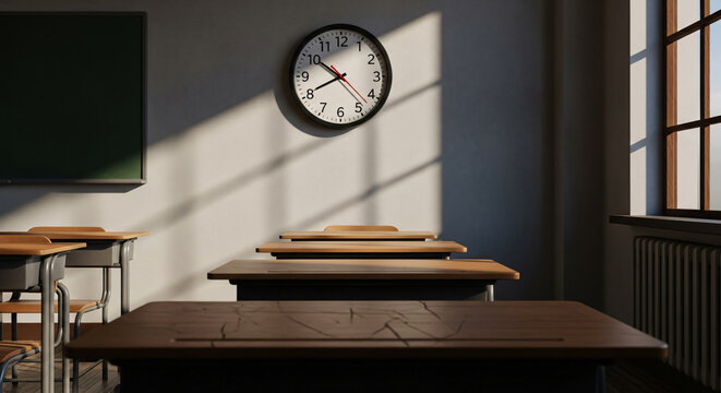 Sunlit empty classroom with vintage wooden desks and wall clock