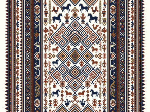 Traditional Sumba ikat textile pattern with tribal figures, animal motifs, and geometric ornaments from Indonesia.
