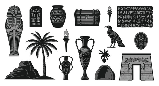 Egyptian Hieroglyphs  Artifacts Black and White Vector Art