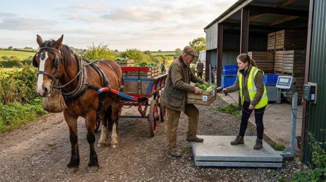 A traditional horse drawn cart arrives at a modern farm, where a farmer delivers fresh produce to be weighed by an assistant during a busy rural harvest workday under a bright morning sky.