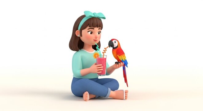 Young Girl Sitting with Colorful Parrot Holding Drink Cup.