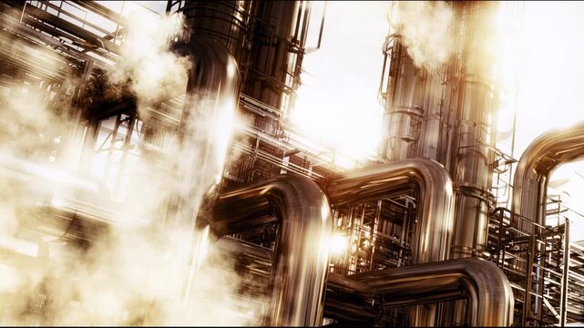 A video of a large industrial plant emitting smoke and steam into the air
