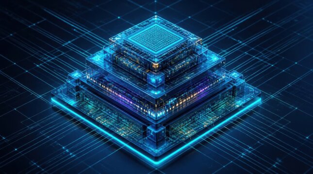 Futuristic quantum computer processor chip with glowing blue circuits in isometric view.