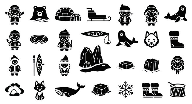 Arctic Icons Set: Igloo, Polar Bear, Sled, Inuit People, Kayak, Seal