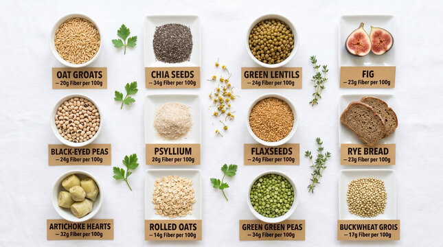 High fiber food collection with labels, healthy dietary fiber sources in white bowls, nutritious grains and legumes flat lay on white background