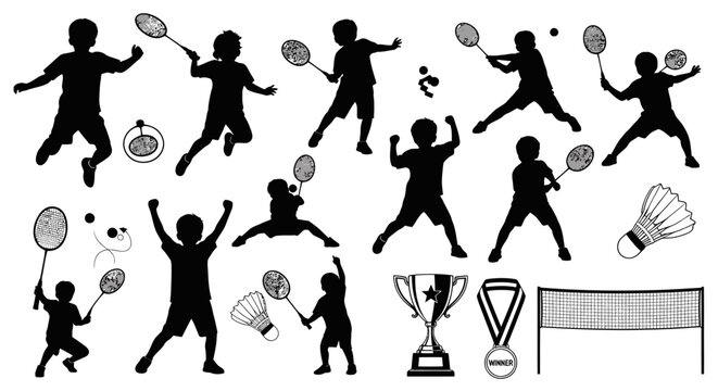 Badminton Kids Silhouettes: Sport, Action, Victory Icons