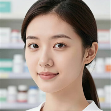 Close-up emotional portrait of a serene young East Asian woman smiling with relief in a pharmacy. Background shows blurred shelves of medicine. Focus on clear facial expression of recovery and safety