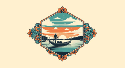 Scenic landscape illustration featuring gondola silhouette and sunset © Remb