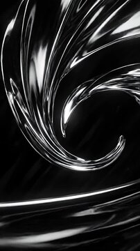 Fluid metallic silver waves on dark background.