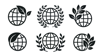 Earth globe icons with green leaves and laurel wreaths. © Betatas