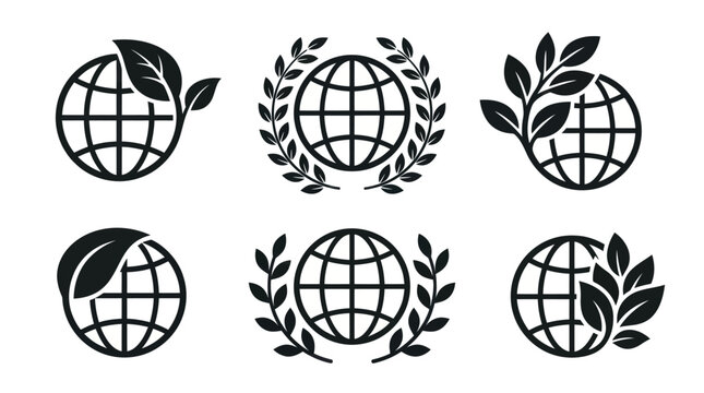 Earth globe icons with green leaves and laurel wreaths.