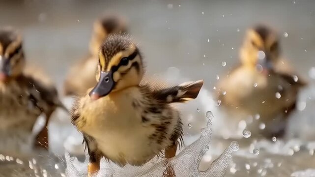 A group of ducklings running through shallow water on a sunny day with feathers wet
