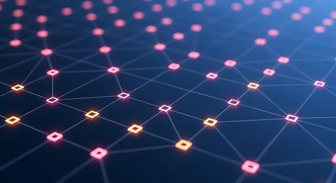 Dark blue digital network topography with glowing orange nodes